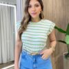 Blusa Tee Muscle Feminina Listrada Off White com Verde Claro - Fernanda Ramos Store