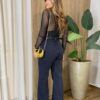 Body Feminino Linda Manga Longa Tule Preto - Fernanda Ramos Store
