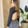 Body Feminino Nina com Bojo Manga Longa Costas Nua Preto - Fernanda Ramos Store