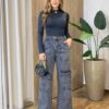 Calça Feminina Jeans Wide Leg Cargo Preto Estonado - Fernanda Ramos Store