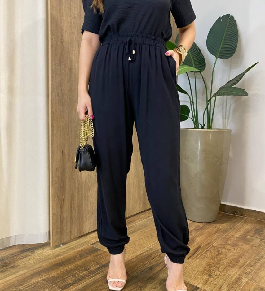 Calça Feminina Jogger com Amarração e Lastex Preta - Fernanda Ramos Store