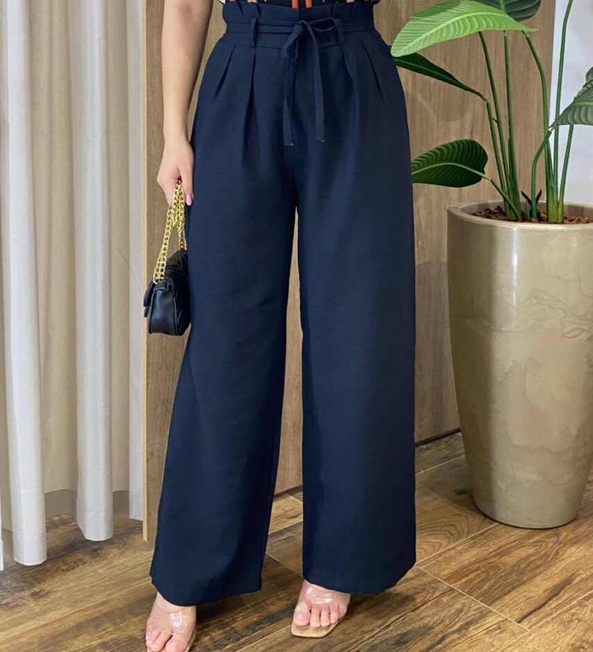 Calça Feminina Margareth Clochard Pantalona com Zíper e Amarração Preta - Fernanda Ramos Store