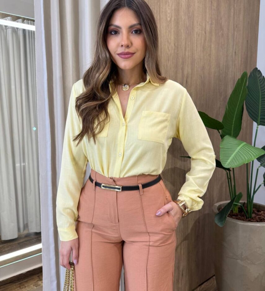 Camisa Feminina Social Alba Manga Longa Amarelo Mantega - Fernanda Ramos Store