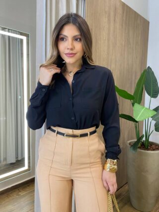 Camisa Feminina Social Alba Manga Longa Preta - Fernanda Ramos Store