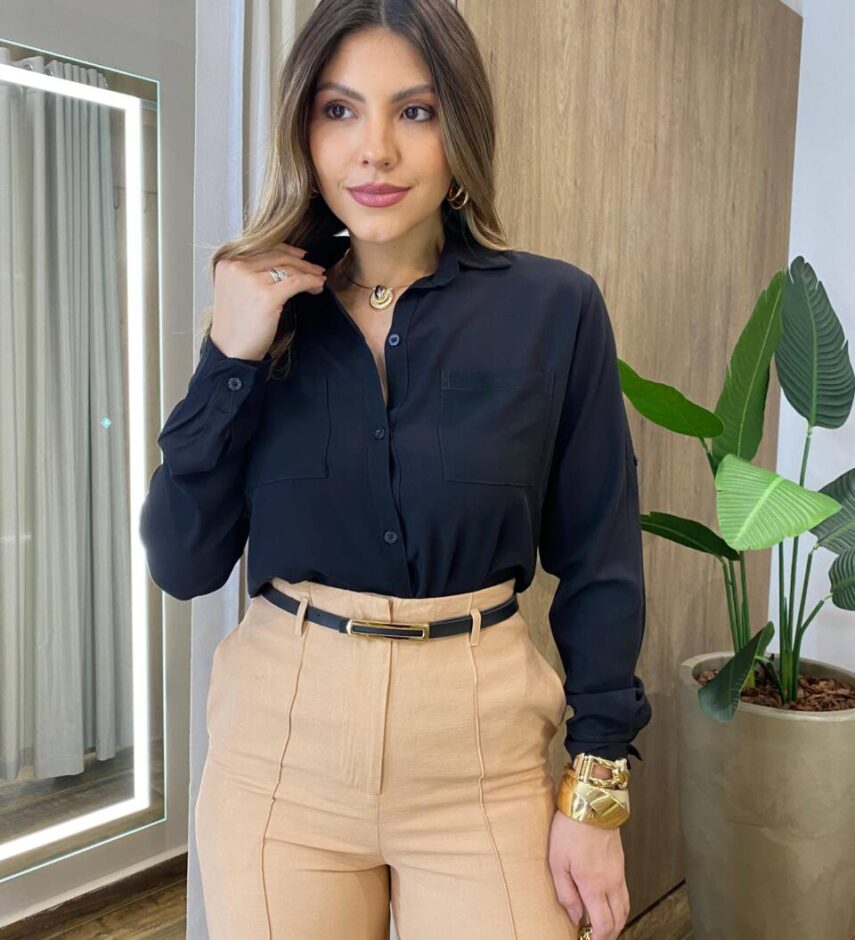 Camisa Feminina Social Alba Manga Longa Preta - Fernanda Ramos Store