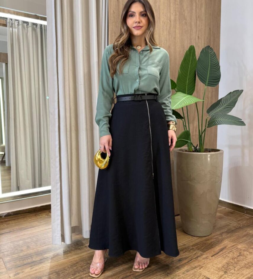 Camisa Feminina Social Alba Manga Longa Verde - Fernanda Ramos Store