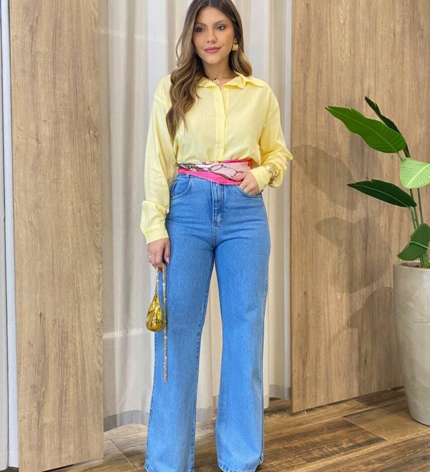Camisa Feminina Social Alongada Linho Manga Longa Amarela - Fernanda Ramos Store