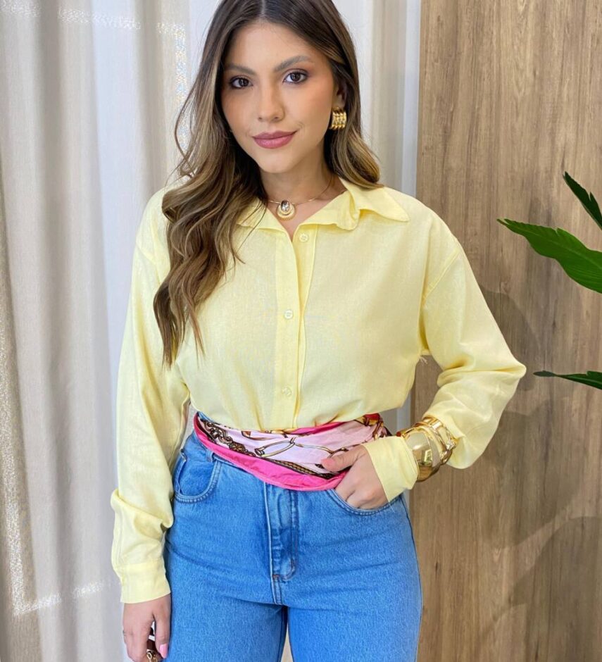 Camisa Feminina Social Alongada Linho Manga Longa Amarela - Fernanda Ramos Store