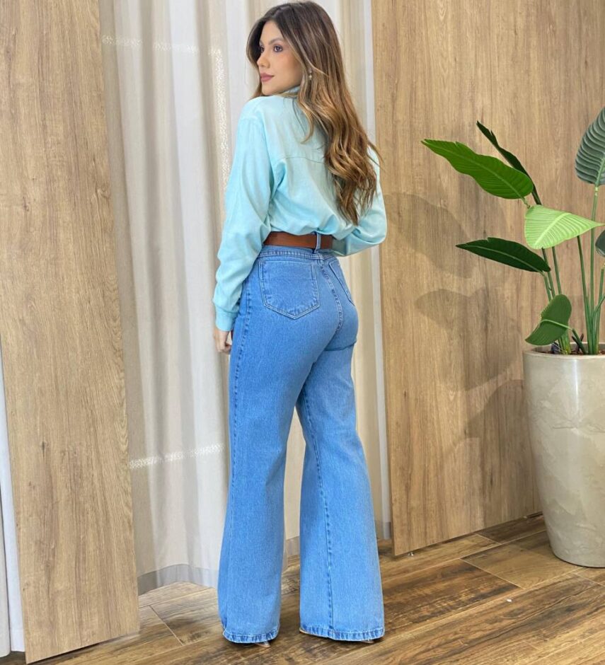 Camisa Feminina Social Alongada Linho Manga Longa Azul - Fernanda Ramos Store