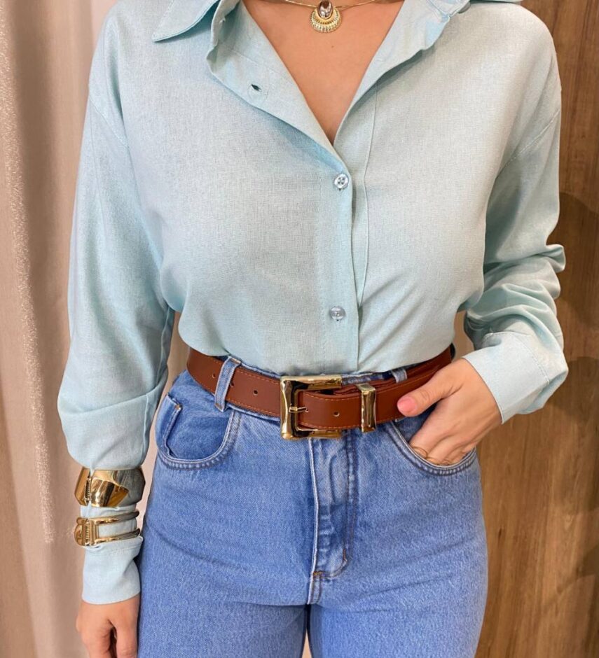 Camisa Feminina Social Alongada Linho Manga Longa Azul - Fernanda Ramos Store