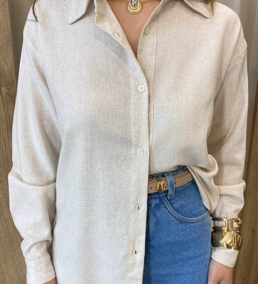 Camisa Feminina Social Alongada Linho Manga Longa Cru - Fernanda Ramos Store