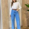 Camisa Feminina Social Alongada Linho Manga Longa Off White - Fernanda Ramos Store