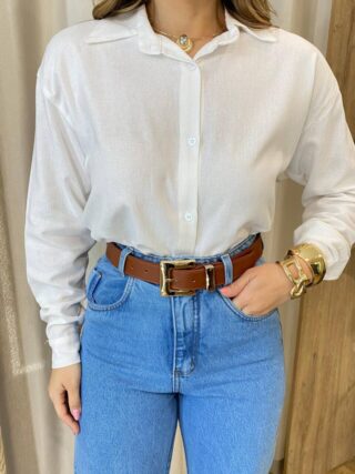 Camisa Feminina Social Alongada Linho Manga Longa Off White - Fernanda Ramos Store