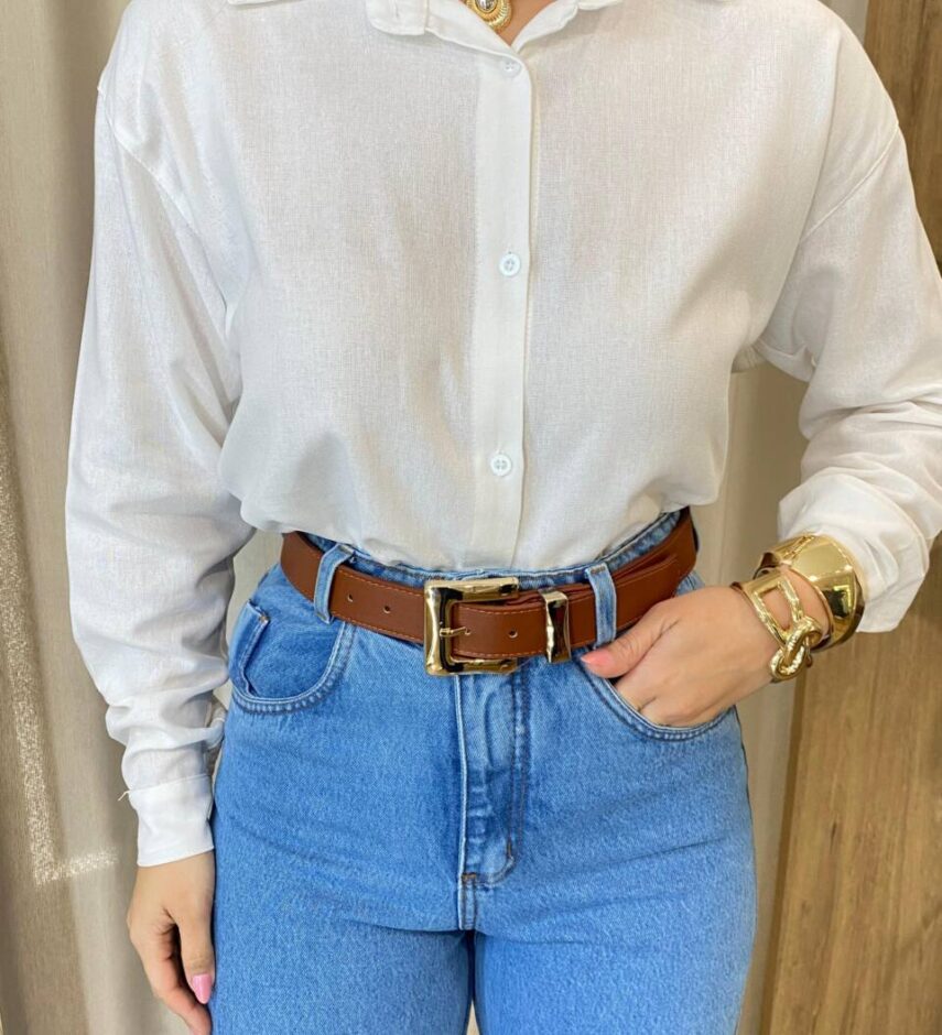 Camisa Feminina Social Alongada Linho Manga Longa Off White - Fernanda Ramos Store