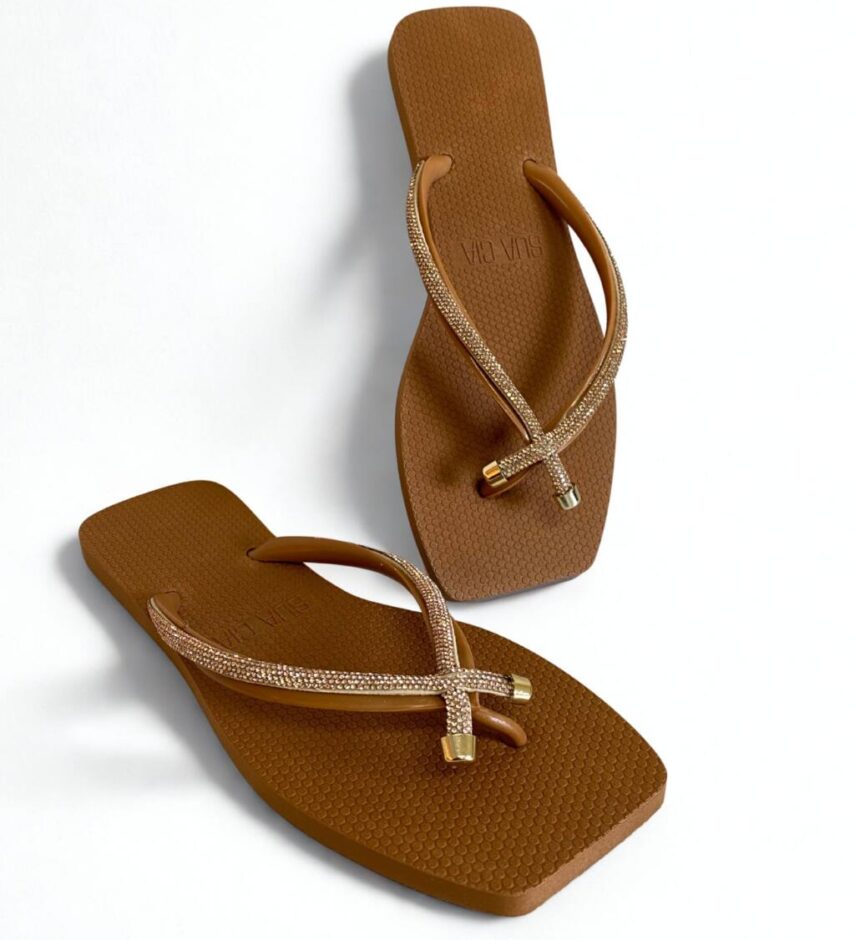 Chinelo Feminino Lace Strass Chocolate - Fernanda Ramos Store