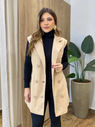 Colete Feminino Suede com Bolso e Botões Bege - Fernanda Ramos Store