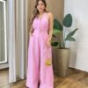 Conjunto Alicia Cropped com Bojo e Calça Pantalona Rosa - Fernanda Ramos Store