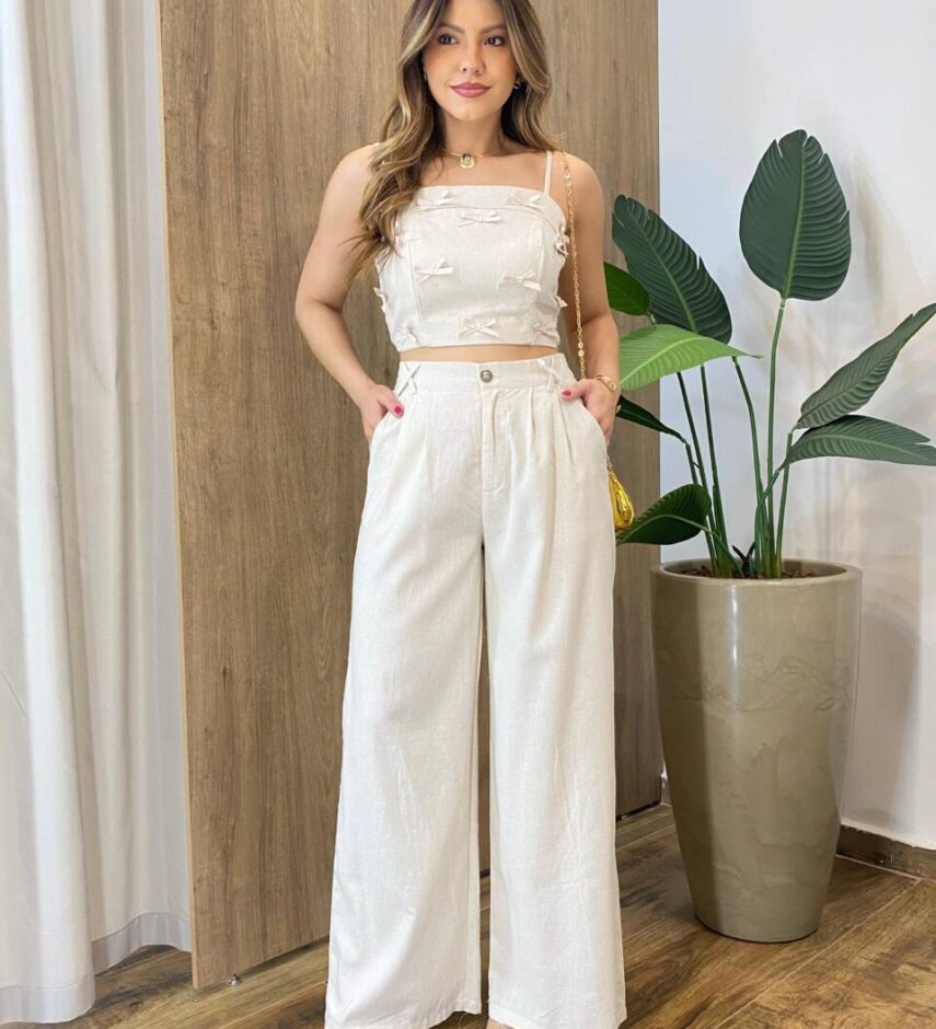 Conjunto Cropped Laço sem Bojo e Calça Cru - Fernanda Ramos Store