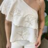 Conjunto Feminino Catarina Blusa Nula Manga Bordada e Calça Bege - Fernanda Ramos Store