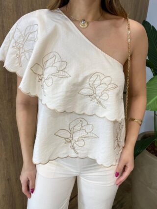 Conjunto Feminino Catarina Blusa Nula Manga Bordada e Calça Bege - Fernanda Ramos Store