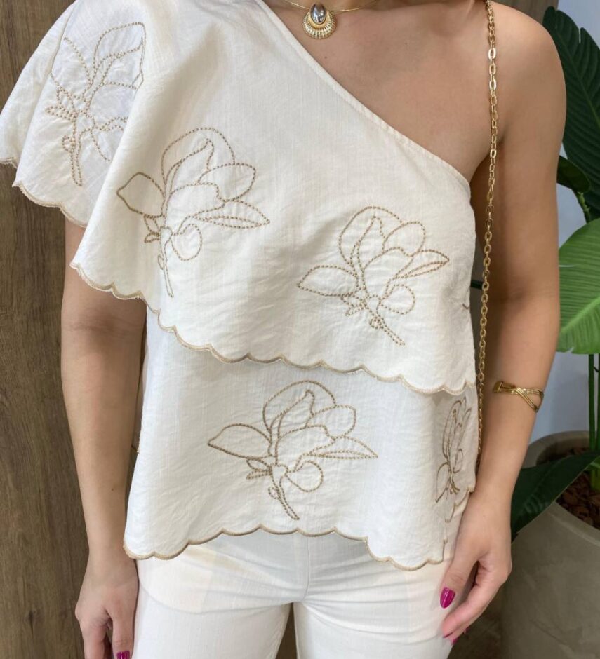 Conjunto Feminino Catarina Blusa Nula Manga Bordada e Calça Bege - Fernanda Ramos Store
