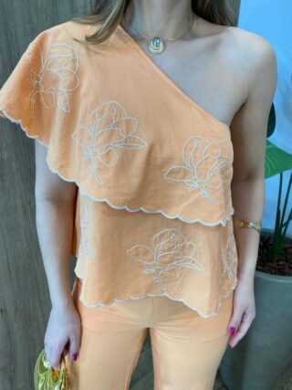 Conjunto Feminino Catarina Blusa Nula Manga Bordada e Calça Laranja - Fernanda Ramos Store