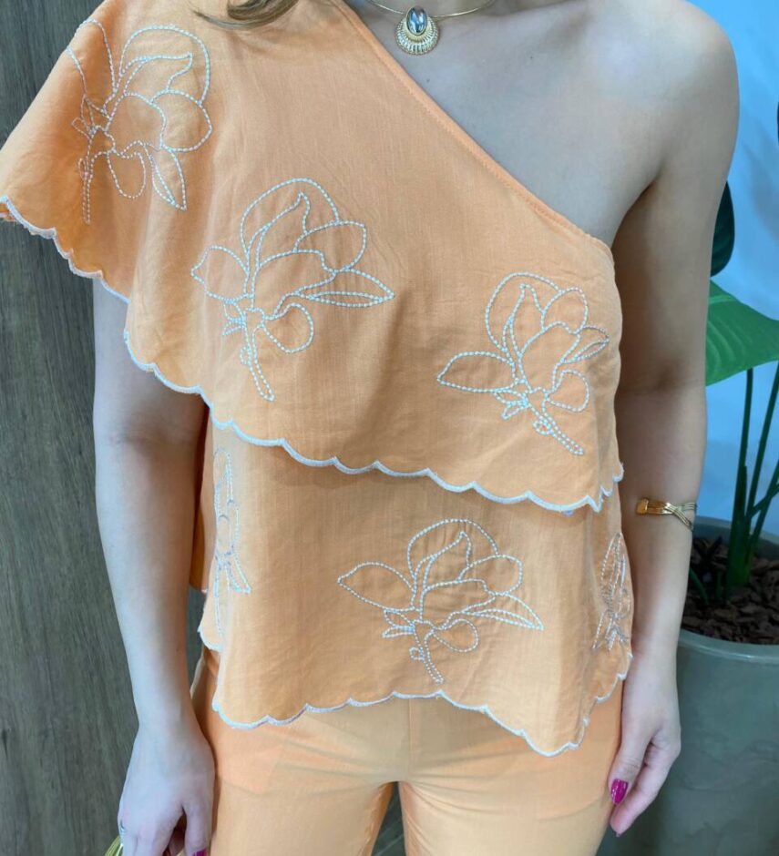 Conjunto Feminino Catarina Blusa Nula Manga Bordada e Calça Laranja - Fernanda Ramos Store