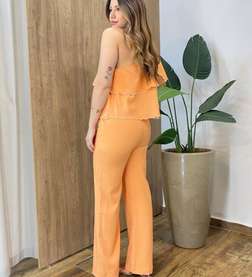 Conjunto Feminino Catarina Blusa Nula Manga Bordada e Calça Laranja - Fernanda Ramos Store