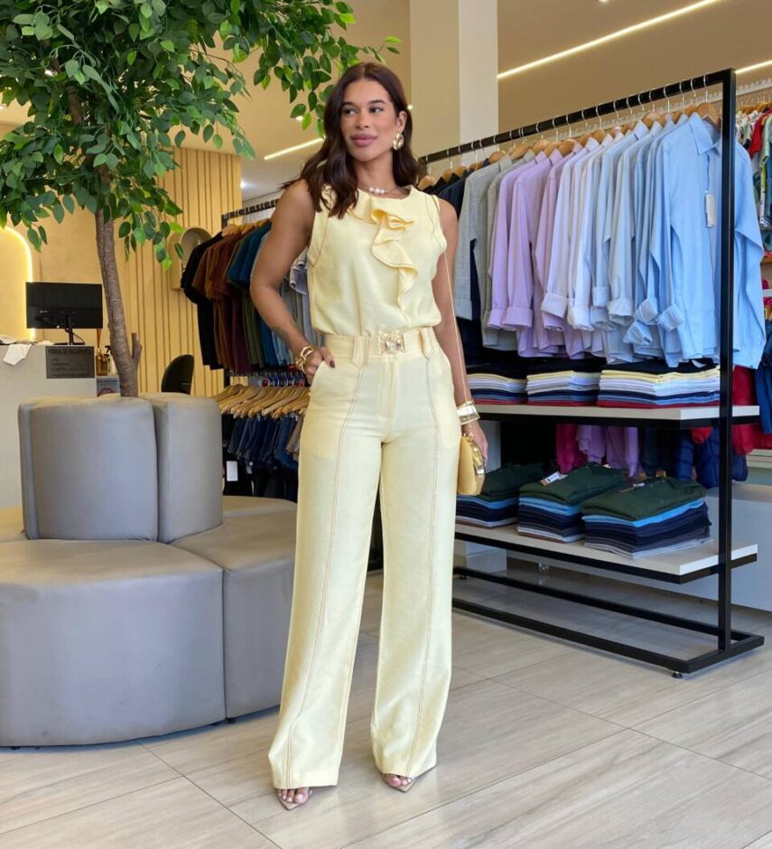 Conjunto Feminino Chloe Regata e Calça Detalhes Presponto Amarelo - Fernanda Ramos Store