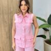 Conjunto Feminino Colete com Detalhes e Calça com Amarração Rosa - Fernanda Ramos Store