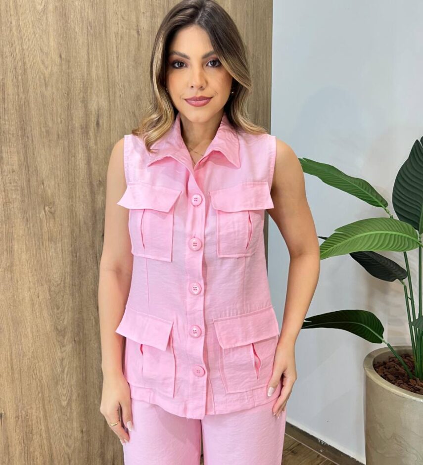 Conjunto Feminino Colete com Detalhes e Calça com Amarração Rosa - Fernanda Ramos Store