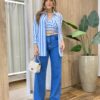Conjunto Feminino Cropped com Bojo e Camisa Listras Azul - Fernanda Ramos Store