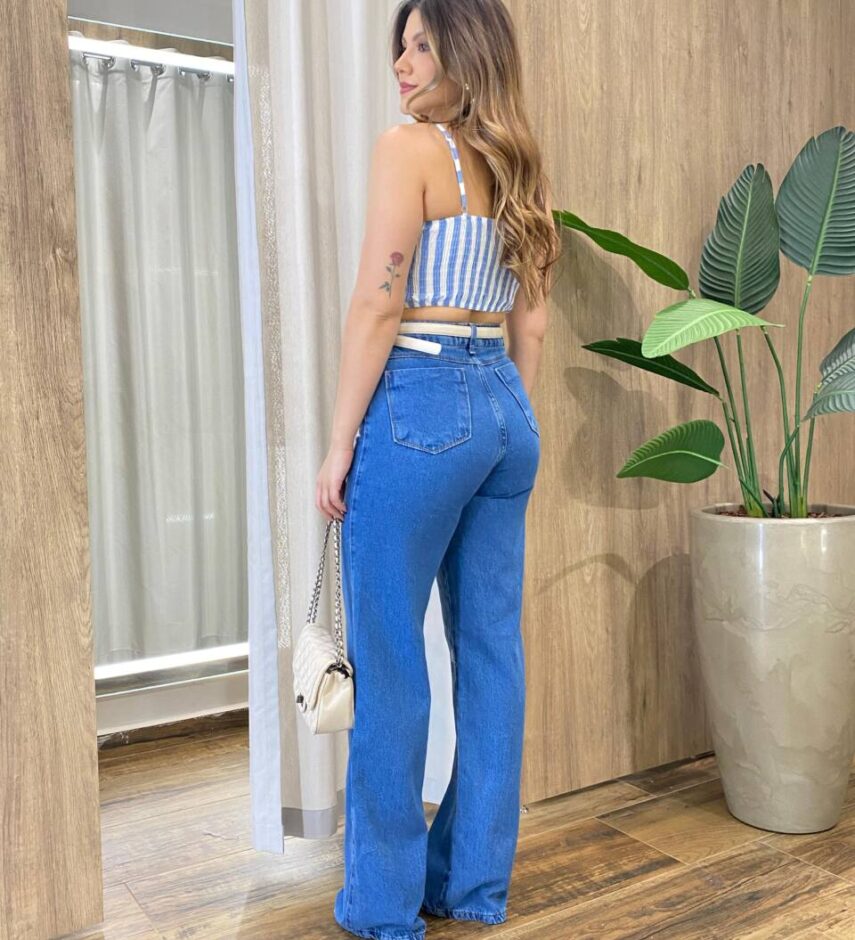 Conjunto Feminino Cropped com Bojo e Camisa Listras Azul - Fernanda Ramos Store