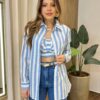 Conjunto Feminino Cropped com Bojo e Camisa Listras Azul - Fernanda Ramos Store