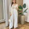 Conjunto Feminino Cropped com Bojo e Camisa Listras Nude - Fernanda Ramos Store