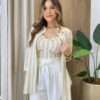 Conjunto Feminino Cropped com Bojo e Camisa Listras Nude - Fernanda Ramos Store
