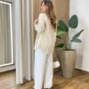 Conjunto Feminino Cropped com Bojo e Camisa Listras Nude - Fernanda Ramos Store