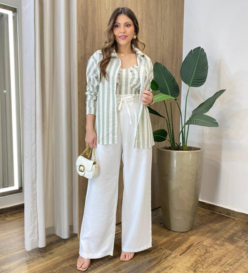 Conjunto Feminino Cropped com Bojo e Camisa Listras Verde - Fernanda Ramos Store