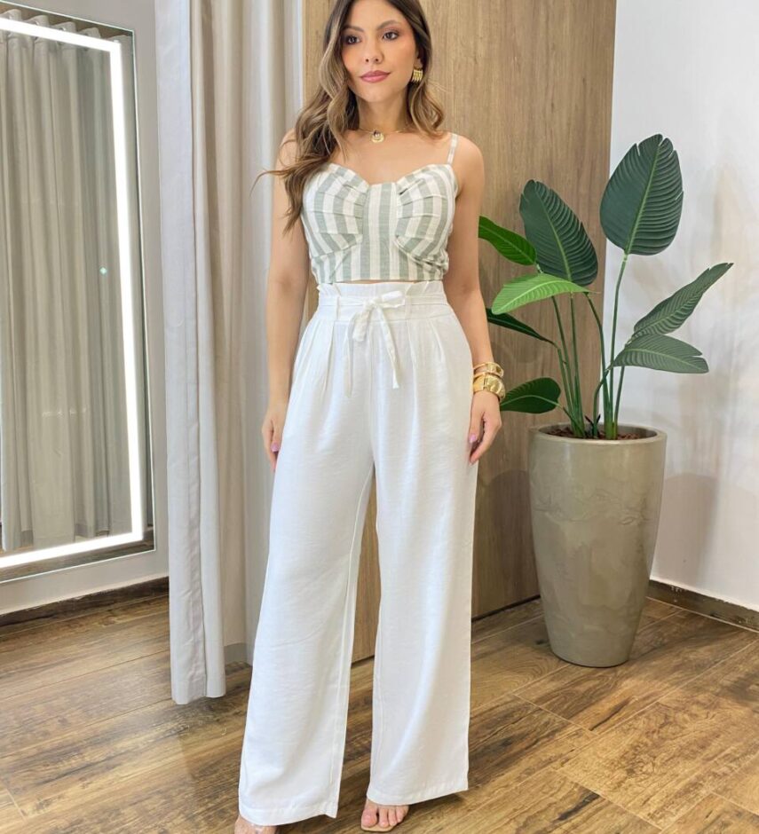 Conjunto Feminino Cropped com Bojo e Camisa Listras Verde - Fernanda Ramos Store