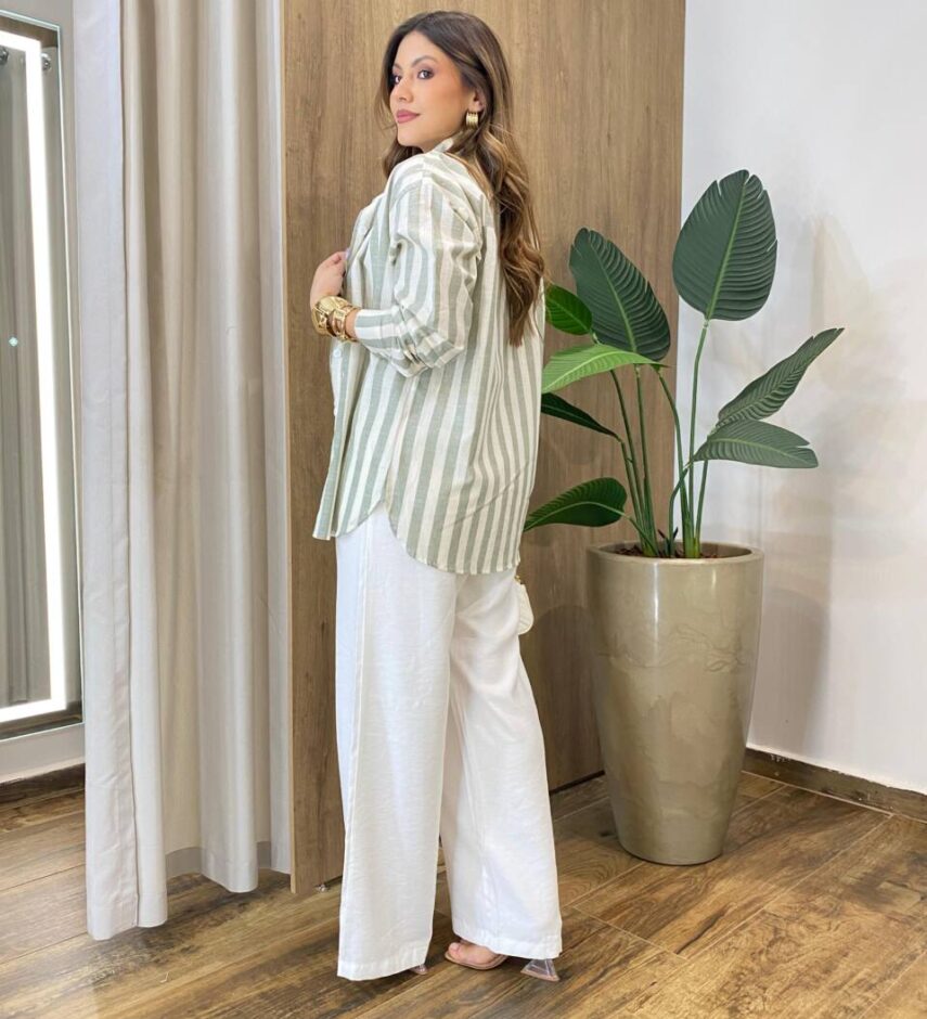 Conjunto Feminino Cropped com Bojo e Camisa Listras Verde - Fernanda Ramos Store