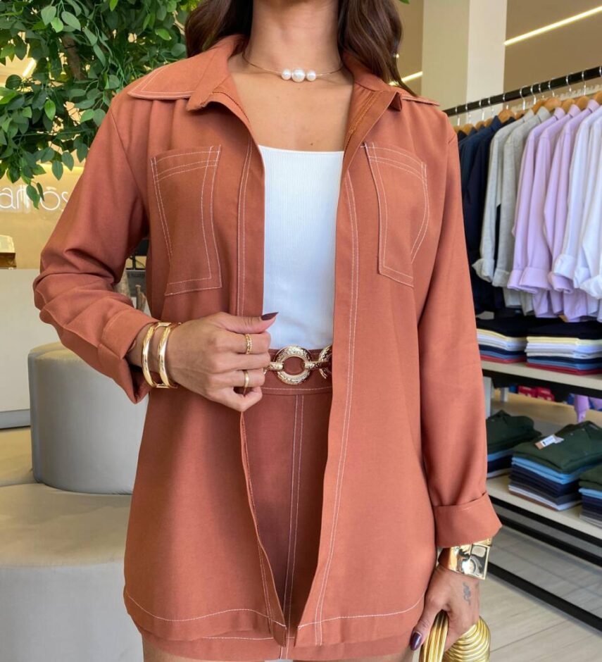 Conjunto Feminino Jamile Camisa e Short Saia Caramelo - Fernanda Ramos Store