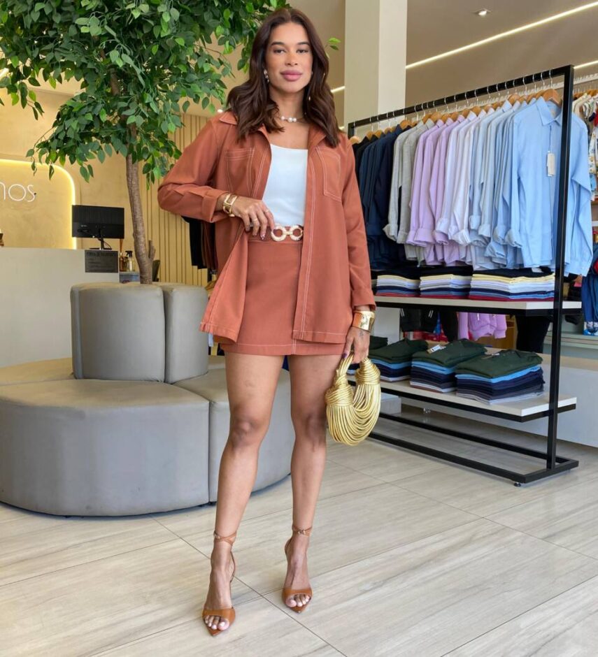 Conjunto Feminino Jamile Camisa e Short Saia Caramelo - Fernanda Ramos Store
