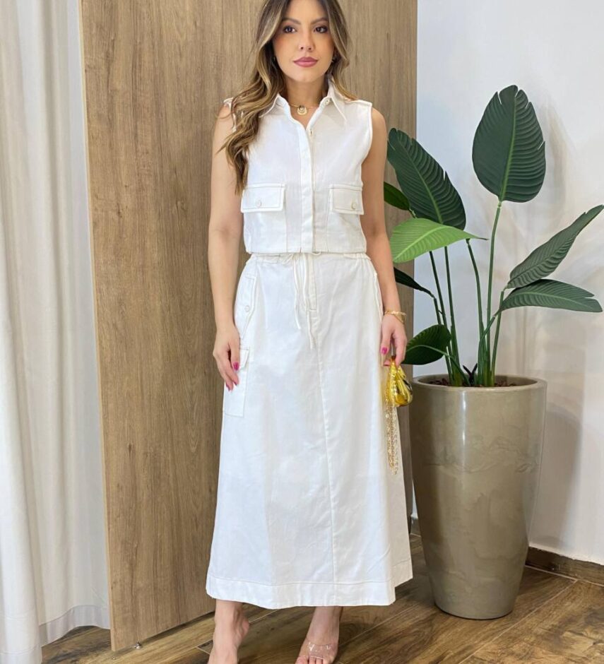 Conjunto Feminino Lydia Cropped sem Bojo e Saia Midi com Bolsos Off White - Fernanda Ramos Store