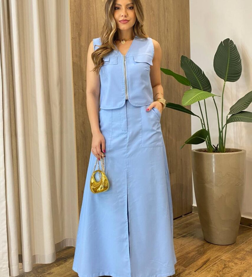 Conjunto Feminino Madri Colete sem Bojo e Saia Longa Azul - Fernanda Ramos Store