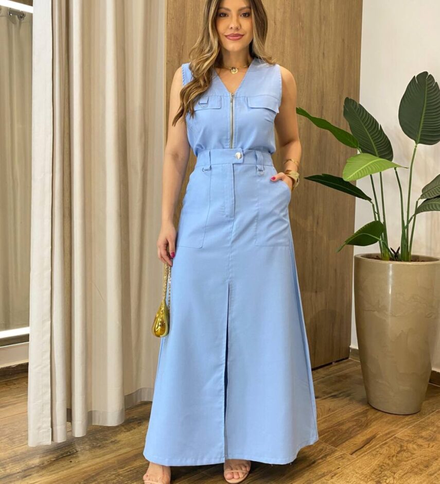 Conjunto Feminino Madri Colete sem Bojo e Saia Longa Azul - Fernanda Ramos Store