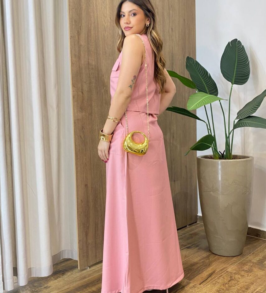 Conjunto Feminino Madri Colete sem Bojo e Saia Longa Rosa - Fernanda Ramos Store