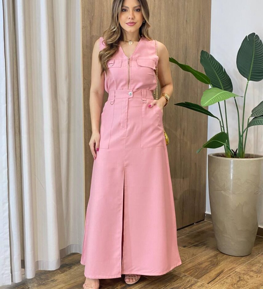 Conjunto Feminino Madri Colete sem Bojo e Saia Longa Rosa - Fernanda Ramos Store