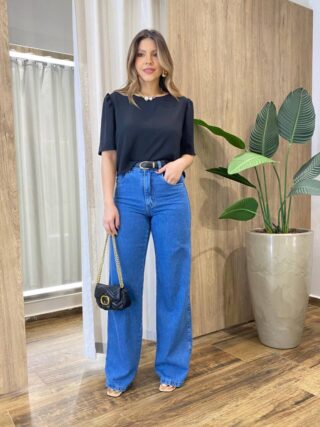 Cropped Feminino Célia Manga Curta Bufante Preta - Fernanda Ramos Store