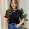 Cropped Feminino Marli Manga Curta Detalhe em Bordado Preto - Fernanda Ramos Store