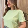 Cropped Feminino Marli Manga Curta Detalhe em Bordado Verde - Fernanda Ramos Store